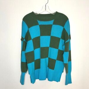 Colorblock Knit Sweater Blue Green Oversized Long Sleeve Crewneck Size S Cozy